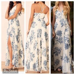 Lulu’s Off White/Cream and Blue Floral Print Wrap Maxi Dress